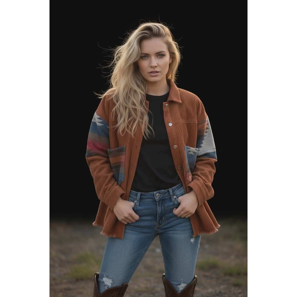 Time‎ After Time Aztec Corduroy Shacket Jacket Small Boho Western Oversized
